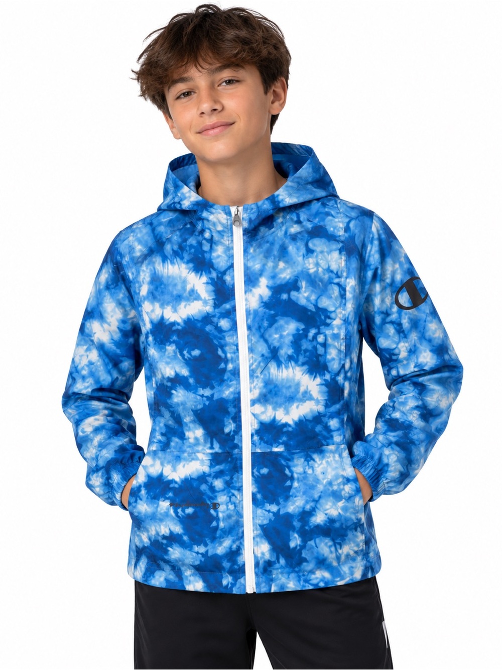 Champion Youth Small Blue Tie-Dye Hooded Windbreaker Jacket Full Zip